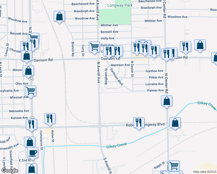 map of restaurants, bars, coffee shops, grocery stores, and more near 3405 Brent Avenue in Flint