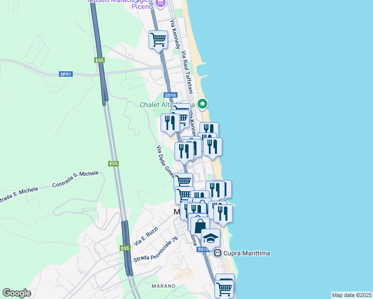 map of restaurants, bars, coffee shops, grocery stores, and more near 31 Via Kennedy in Cupra Marittima