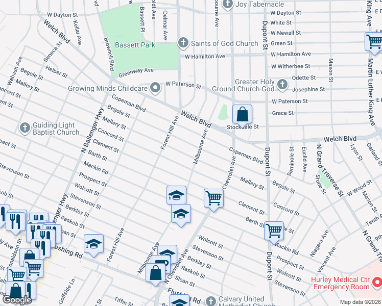map of restaurants, bars, coffee shops, grocery stores, and more near 2415 Begole Street in Flint