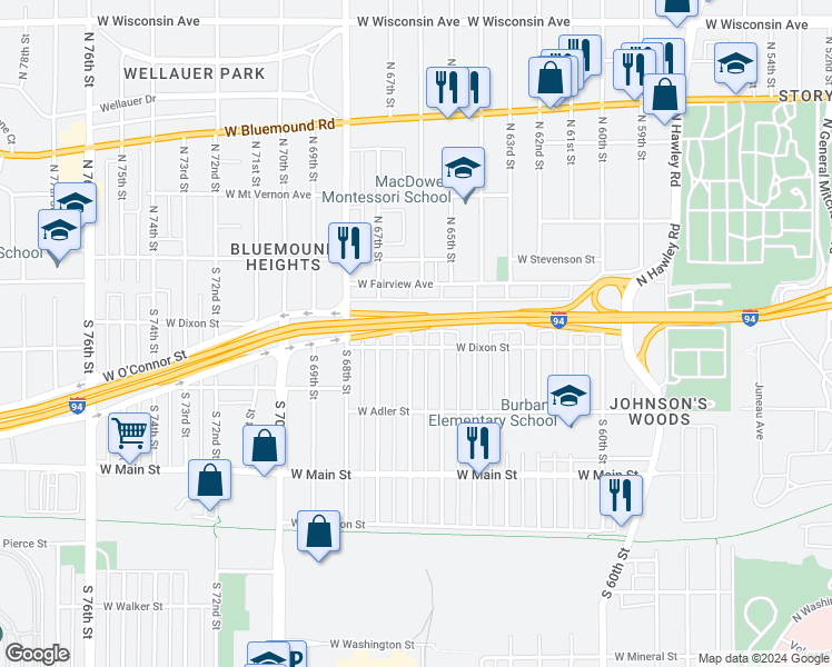 map of restaurants, bars, coffee shops, grocery stores, and more near 164 South 66th Street in Milwaukee