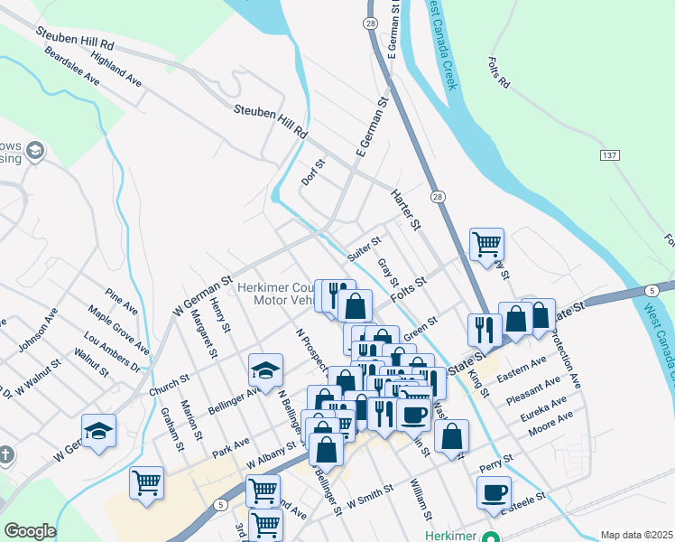 map of restaurants, bars, coffee shops, grocery stores, and more near 201 Suiter Street in Herkimer