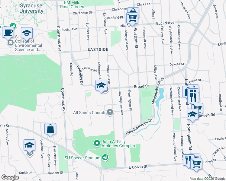 map of restaurants, bars, coffee shops, grocery stores, and more near 311 Broad Street in Syracuse