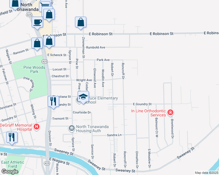 map of restaurants, bars, coffee shops, grocery stores, and more near 741 Wright Avenue in North Tonawanda