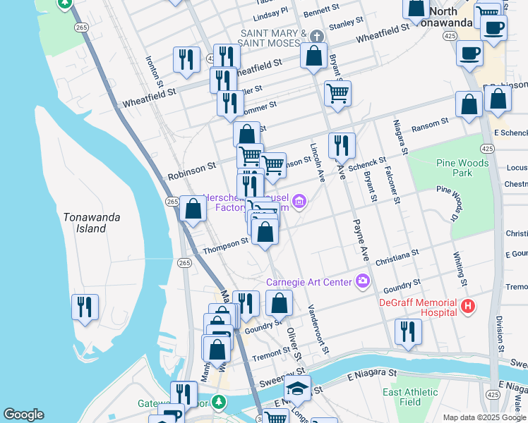 map of restaurants, bars, coffee shops, grocery stores, and more near 276 Vandervoort Street in North Tonawanda