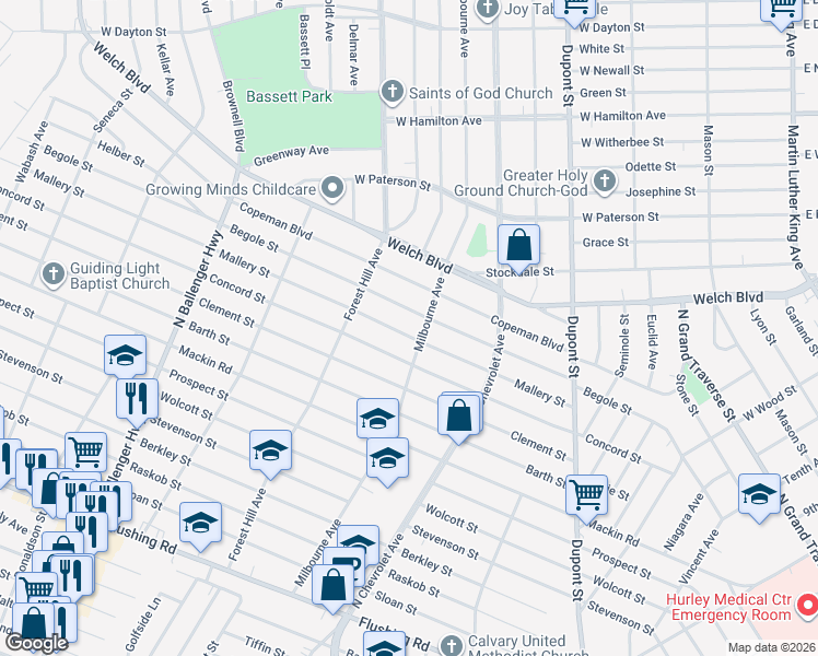 map of restaurants, bars, coffee shops, grocery stores, and more near 2415 Begole Street in Flint