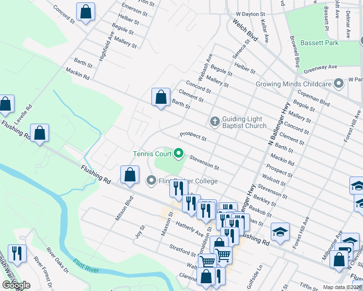 map of restaurants, bars, coffee shops, grocery stores, and more near 3235 Prospect Street in Flint