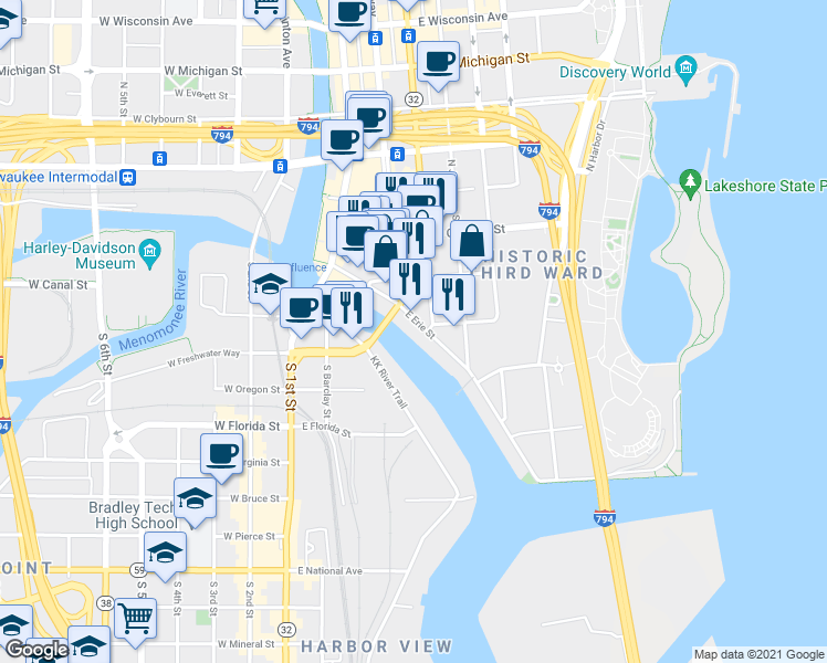 map of restaurants, bars, coffee shops, grocery stores, and more near 125 North Milwaukee Street in Milwaukee