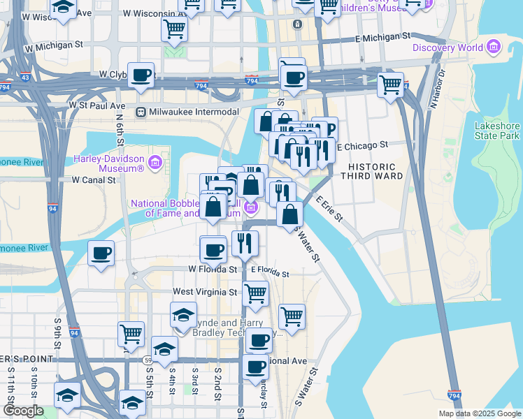 map of restaurants, bars, coffee shops, grocery stores, and more near 9794 South Water Street in Milwaukee