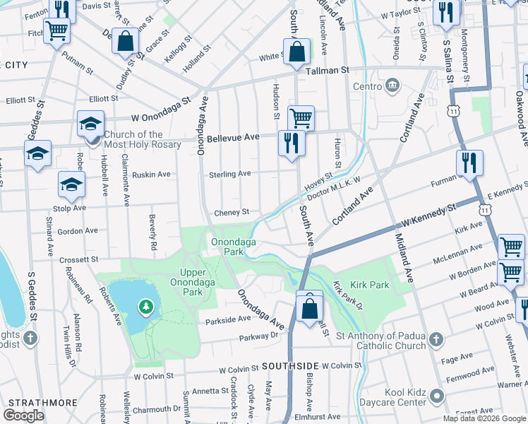 map of restaurants, bars, coffee shops, grocery stores, and more near 439 Rich Street in Syracuse