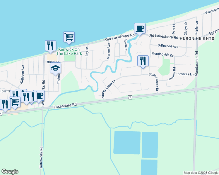 map of restaurants, bars, coffee shops, grocery stores, and more near 2620 Stoneridge Court in Sarnia