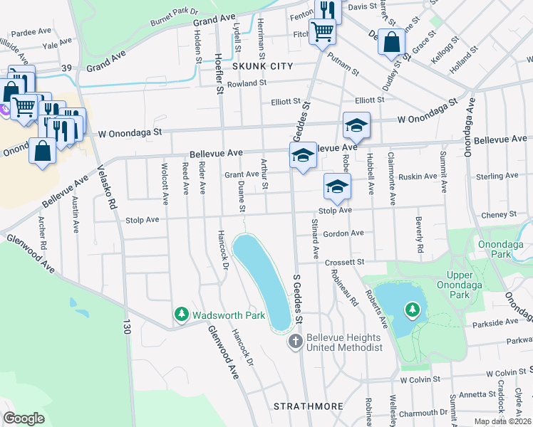 map of restaurants, bars, coffee shops, grocery stores, and more near 798 Arthur Street in Syracuse