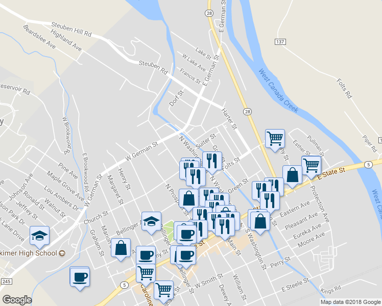 map of restaurants, bars, coffee shops, grocery stores, and more near 407 North Washington Street in Herkimer