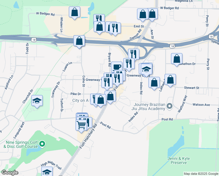 map of restaurants, bars, coffee shops, grocery stores, and more near 1601 Greenway Cross in Fitchburg