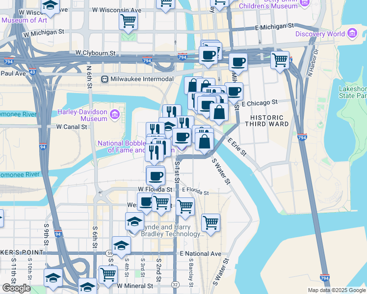 map of restaurants, bars, coffee shops, grocery stores, and more near 9794 South Water Street in Milwaukee