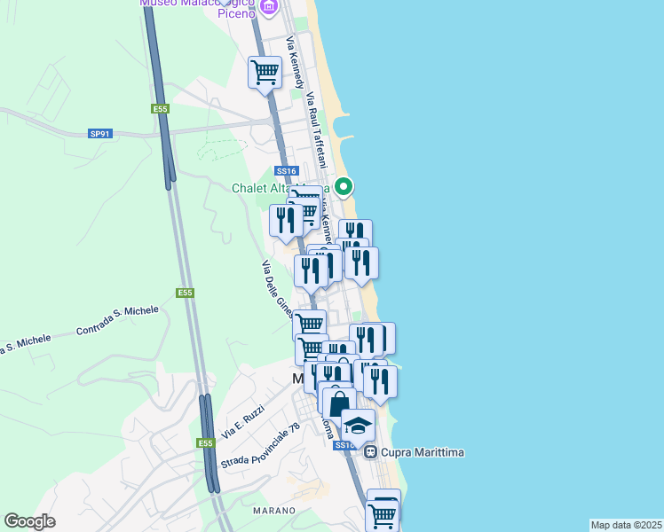 map of restaurants, bars, coffee shops, grocery stores, and more near 31 Via Kennedy in Cupra Marittima