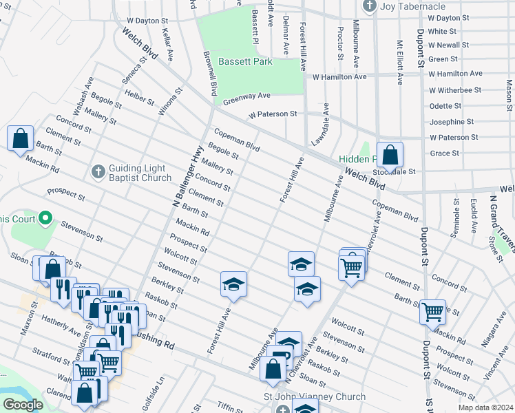 map of restaurants, bars, coffee shops, grocery stores, and more near 2625 Concord Street in Flint