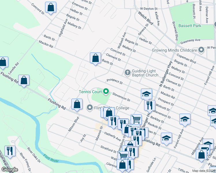 map of restaurants, bars, coffee shops, grocery stores, and more near 3235 Prospect Street in Flint