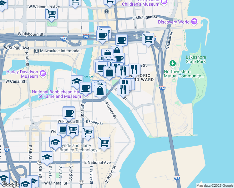 map of restaurants, bars, coffee shops, grocery stores, and more near 311 East Erie Street in Milwaukee