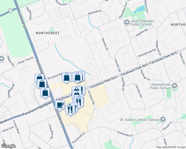 map of restaurants, bars, coffee shops, grocery stores, and more near 112 North Centre Road in London