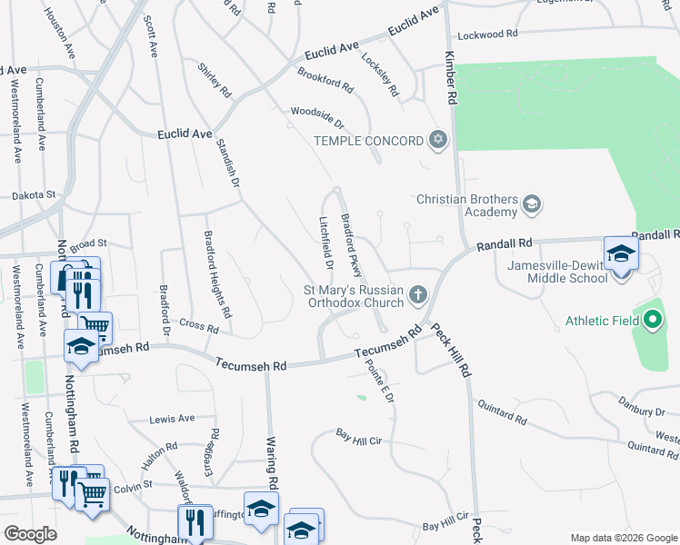 map of restaurants, bars, coffee shops, grocery stores, and more near 614 Bradford Parkway in Syracuse