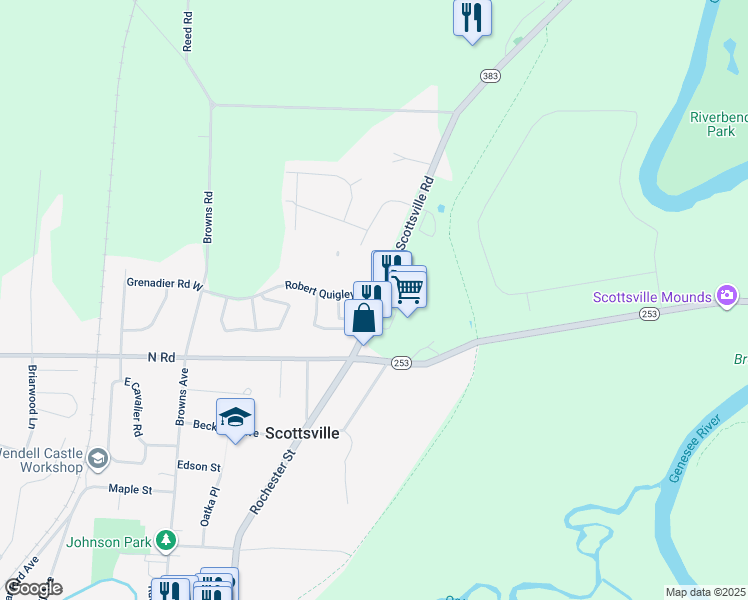 map of restaurants, bars, coffee shops, grocery stores, and more near 12 Robert Quigley Drive in Scottsville