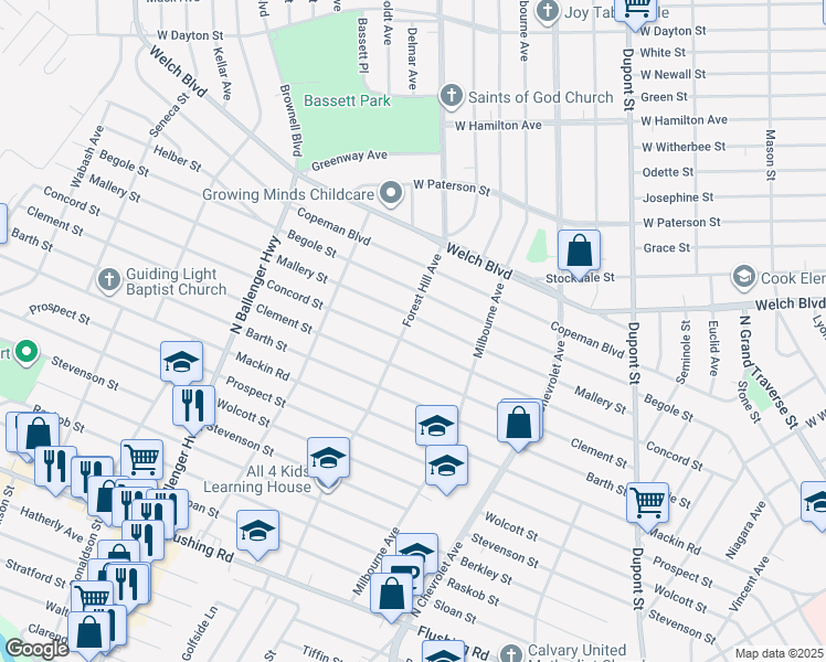 map of restaurants, bars, coffee shops, grocery stores, and more near 1510 Forest Hill Avenue in Flint
