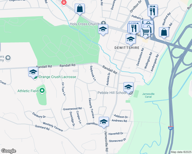 map of restaurants, bars, coffee shops, grocery stores, and more near 108 Saybrook Lane in Syracuse