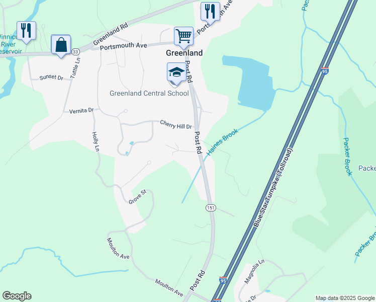map of restaurants, bars, coffee shops, grocery stores, and more near 36 Downs Avenue in Greenland
