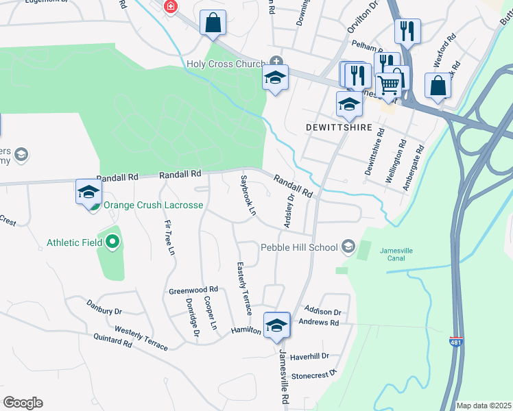map of restaurants, bars, coffee shops, grocery stores, and more near 108 Saybrook Lane in Syracuse