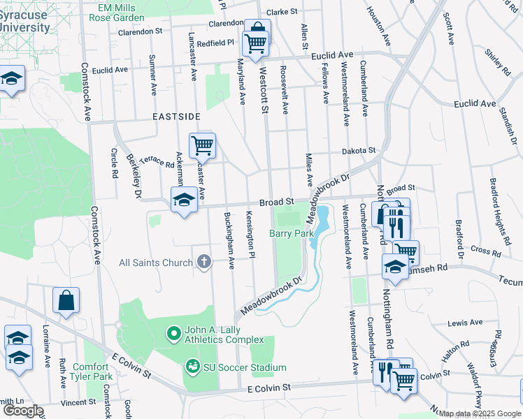 map of restaurants, bars, coffee shops, grocery stores, and more near 515 Broad Street in Syracuse