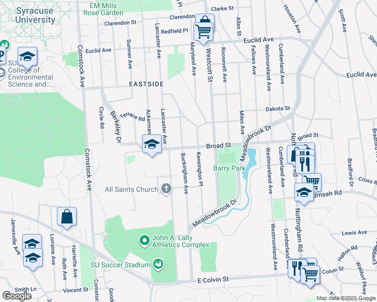 map of restaurants, bars, coffee shops, grocery stores, and more near 259-61 Buckingham Avenue in Syracuse