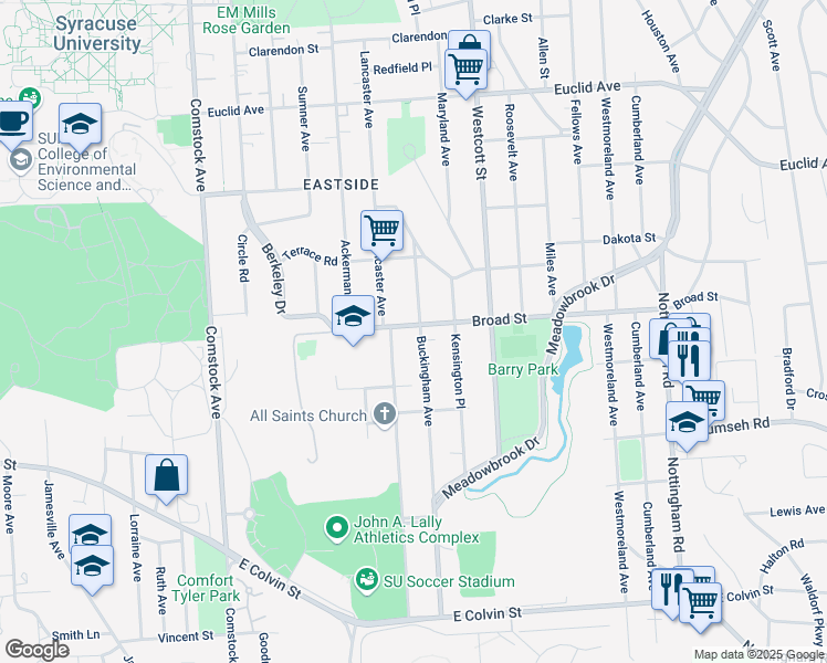 map of restaurants, bars, coffee shops, grocery stores, and more near 311 Broad Street in Syracuse