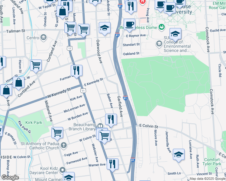 map of restaurants, bars, coffee shops, grocery stores, and more near 642 Oakwood Avenue in Syracuse