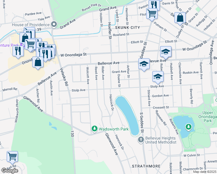 map of restaurants, bars, coffee shops, grocery stores, and more near 137 Rider Avenue in Syracuse