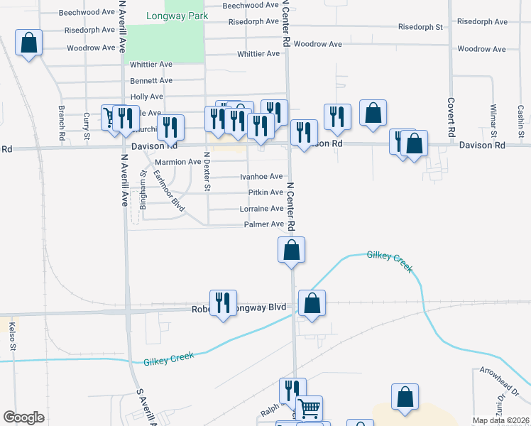 map of restaurants, bars, coffee shops, grocery stores, and more near 3817 Lorraine Avenue in Flint