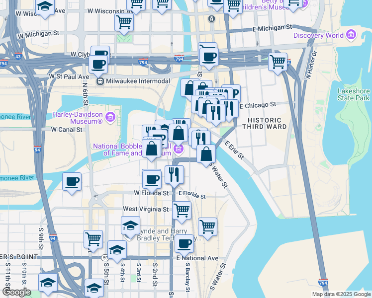 map of restaurants, bars, coffee shops, grocery stores, and more near 9794 South Water Street in Milwaukee