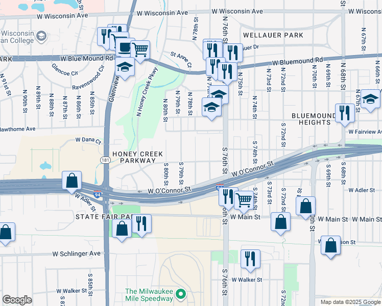 map of restaurants, bars, coffee shops, grocery stores, and more near 144 South 78th Street in Milwaukee