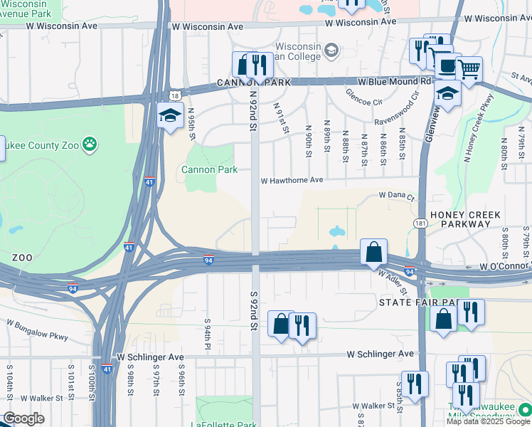 map of restaurants, bars, coffee shops, grocery stores, and more near 9142 West Dixon Street in Milwaukee