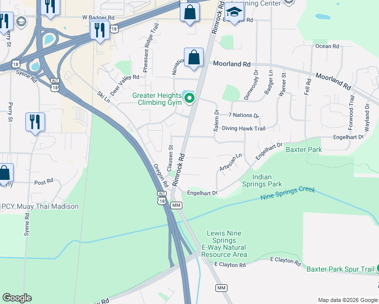 map of restaurants, bars, coffee shops, grocery stores, and more near 2840 Rimrock Road in Fitchburg