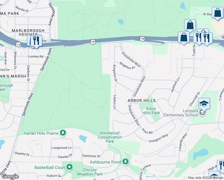 map of restaurants, bars, coffee shops, grocery stores, and more near 3110 Leyton Lane in Madison