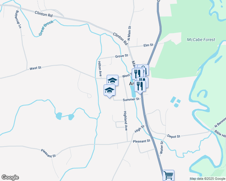 map of restaurants, bars, coffee shops, grocery stores, and more near 10 School Street in Antrim