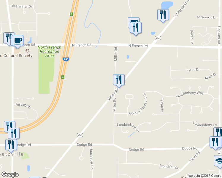 map of restaurants, bars, coffee shops, grocery stores, and more near 187 Miller Road in Getzville
