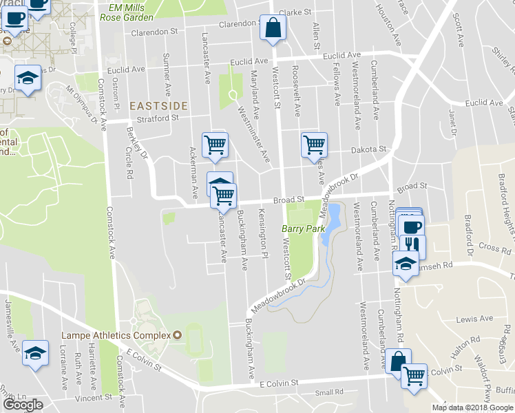map of restaurants, bars, coffee shops, grocery stores, and more near 420 Broad Street in Syracuse