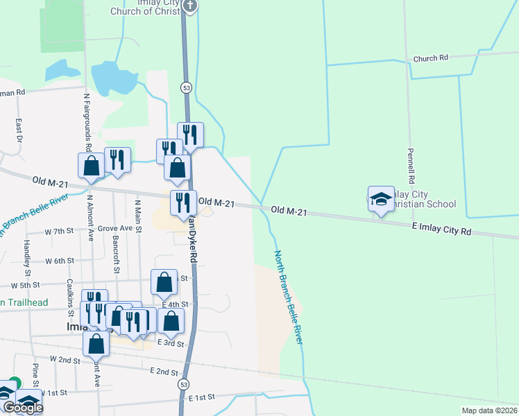 map of restaurants, bars, coffee shops, grocery stores, and more near 7087 East Imlay City Road in Imlay City