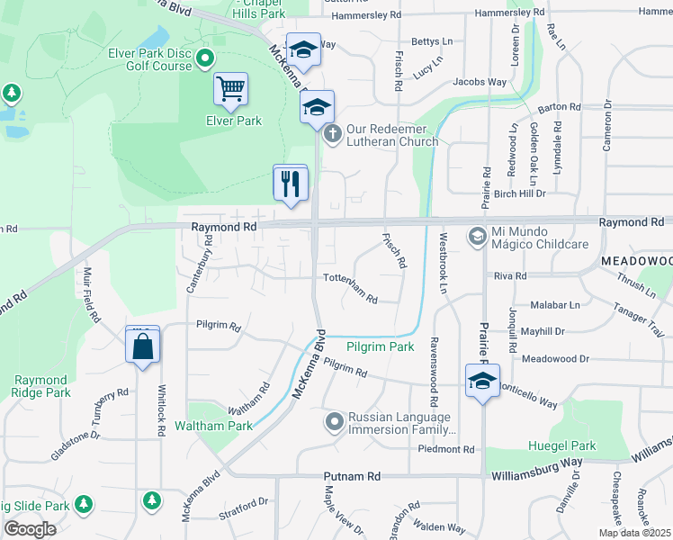 map of restaurants, bars, coffee shops, grocery stores, and more near 6606 Tottenham Road in Madison