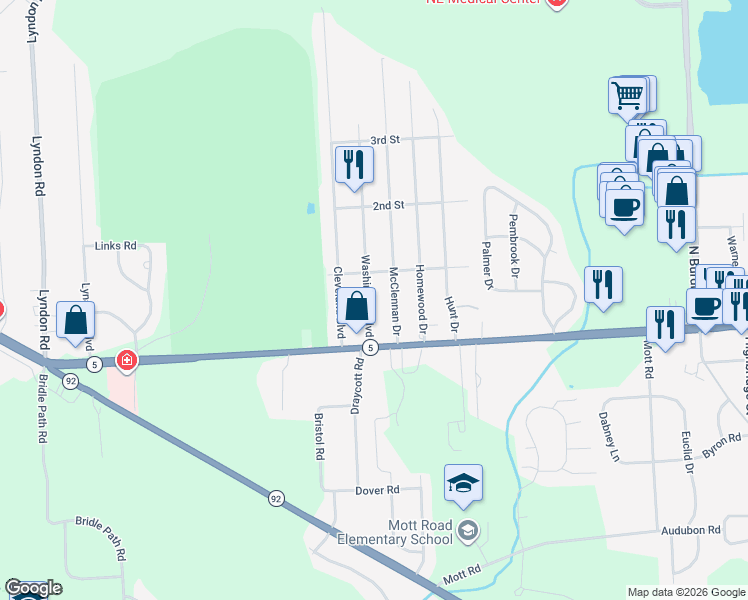 map of restaurants, bars, coffee shops, grocery stores, and more near 117 McClennan Drive in Fayetteville