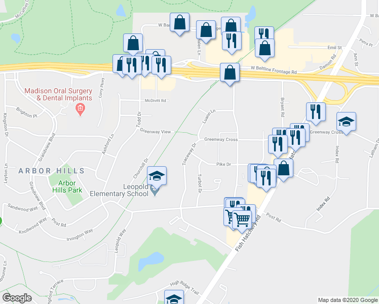 map of restaurants, bars, coffee shops, grocery stores, and more near 2837 Traceway Drive in Madison
