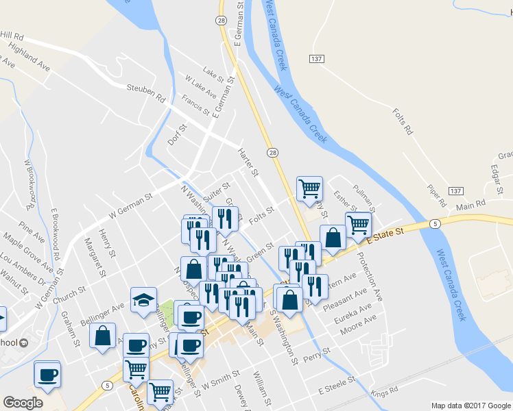 map of restaurants, bars, coffee shops, grocery stores, and more near 310 Steuben Street in Herkimer