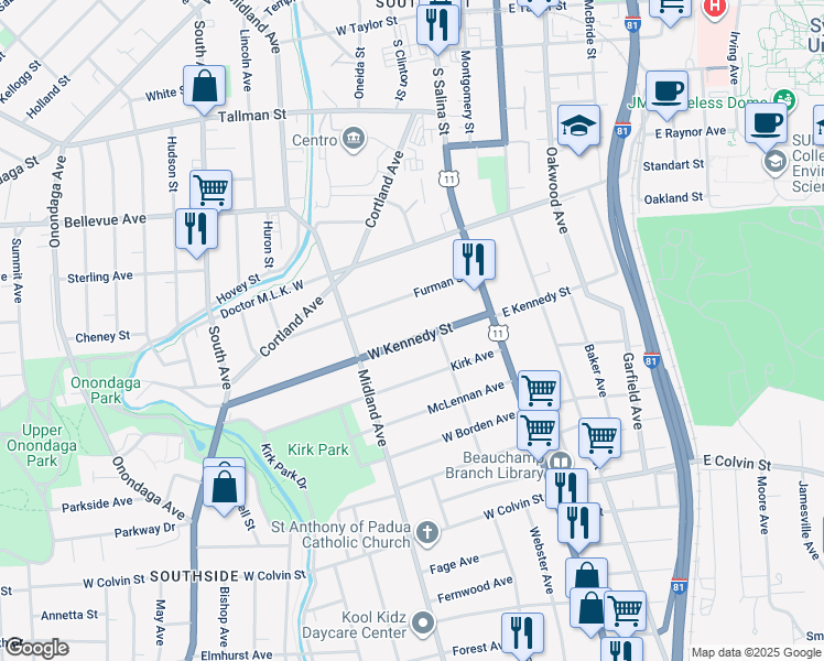 map of restaurants, bars, coffee shops, grocery stores, and more near 220 West Kennedy Street in Syracuse