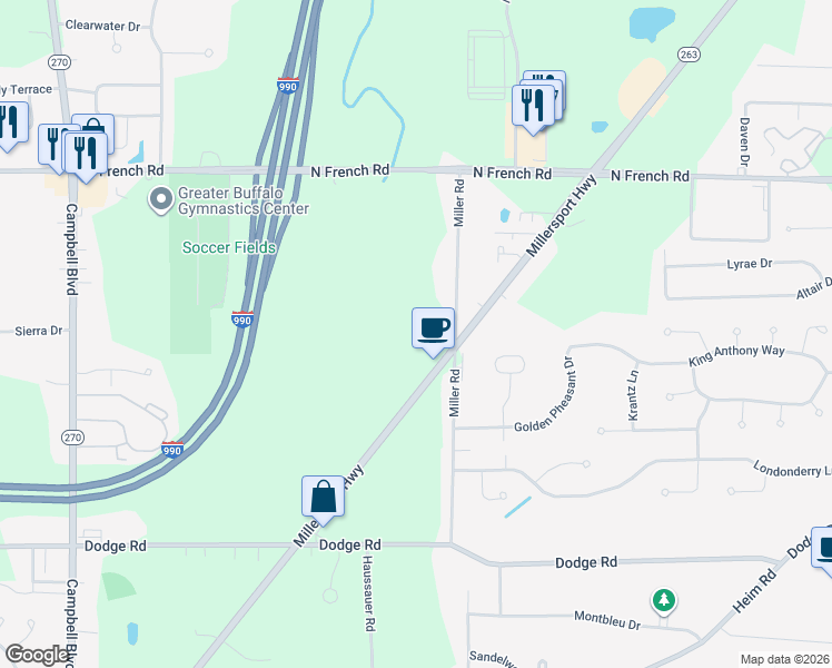 map of restaurants, bars, coffee shops, grocery stores, and more near 246 Miller Road in Getzville